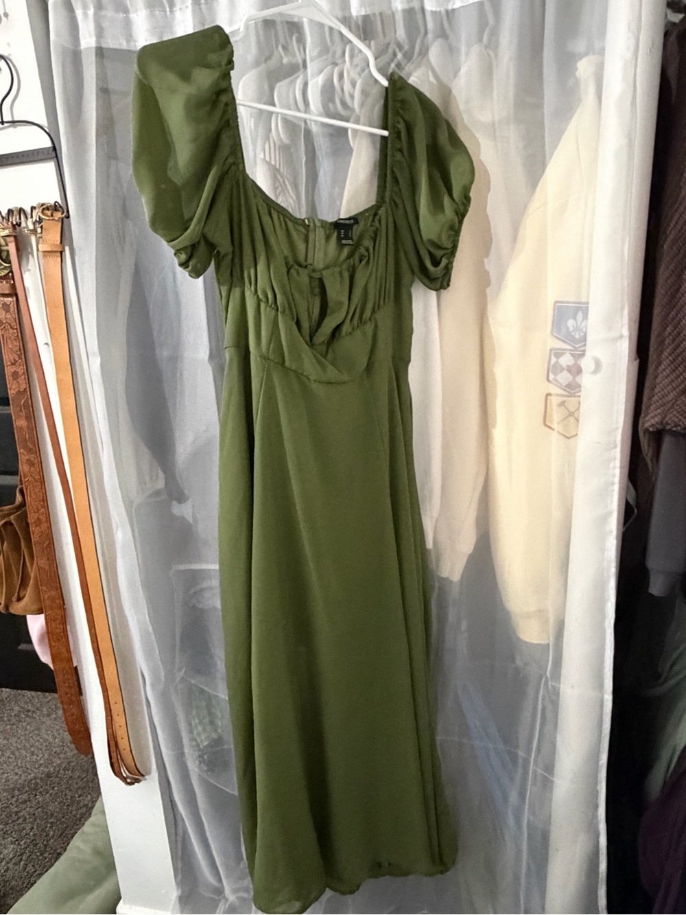 SHEIN Olive Green Puff-Sleeve Maxi Dress